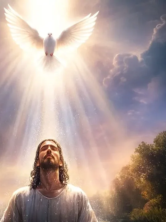 Manifestação da Trindade Mateus 3 com Jesus no Jordão e o Espírito descendo como pomba
